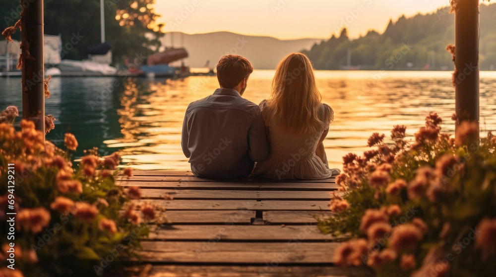 A romantic couple just in love sitting on a lakeside pier with flowers behind them