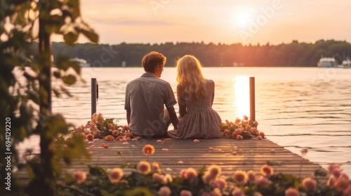 A romantic couple just in love sitting on a lakeside pier with flowers behind them photo