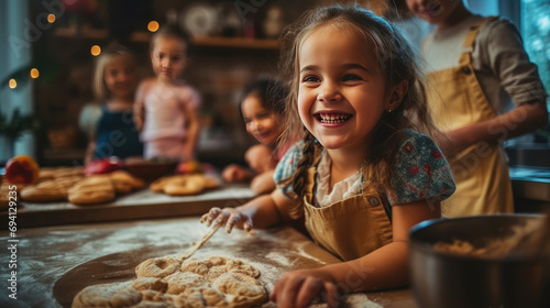 Cute children enthusiastically making cakes in the kitchen photo