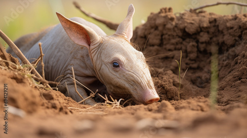 Aardvark, Orycteropus afer, carefully explores the surroundings of its spacious burrow generative ai photo
