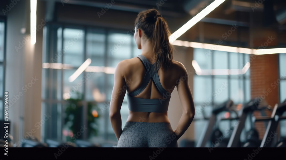 Back view of Young sporty woman stretching in the gym