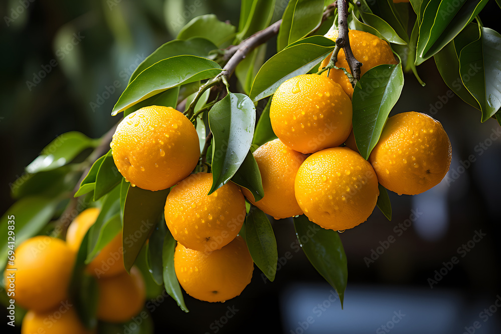 tangerines on a branch in close-up. citrus tree. whole ripe fruits.