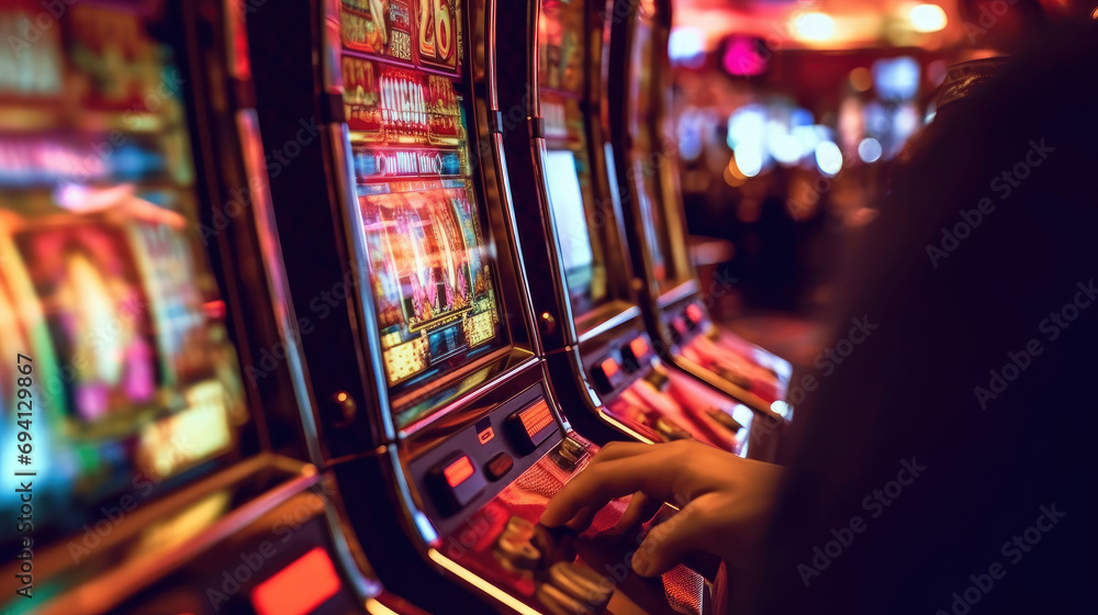 A person playing a slot machine in a casino A person playing a slot machine in a casino