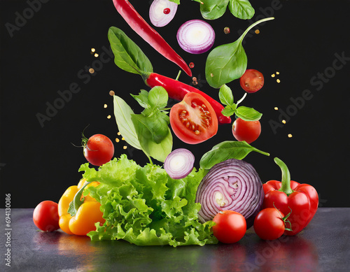 Falling vegetables and salad leaves isolated