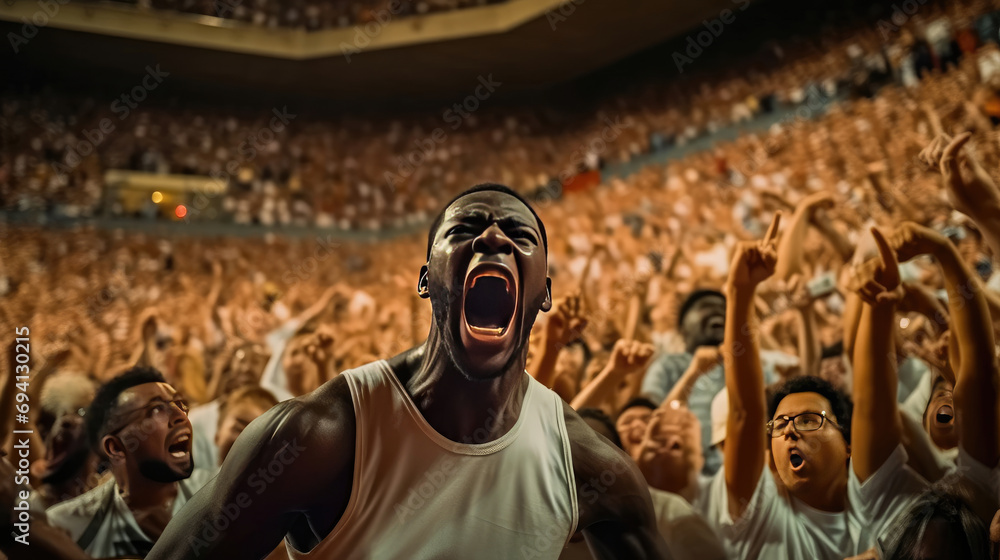 A basketball player is rejoicing at his success in scoring a goal in a crowded stadium