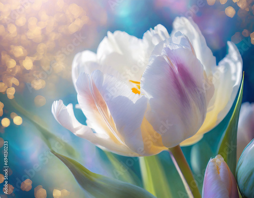 floral romantic card; white tulip flower close-up in pastel colors