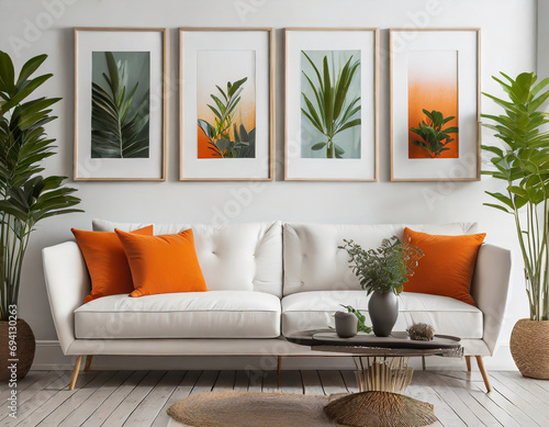 Four empty vertical picture frames in a modern living room with white sofa, orange pillows and plants. Wall art mockup set of 4 posters. © Adam