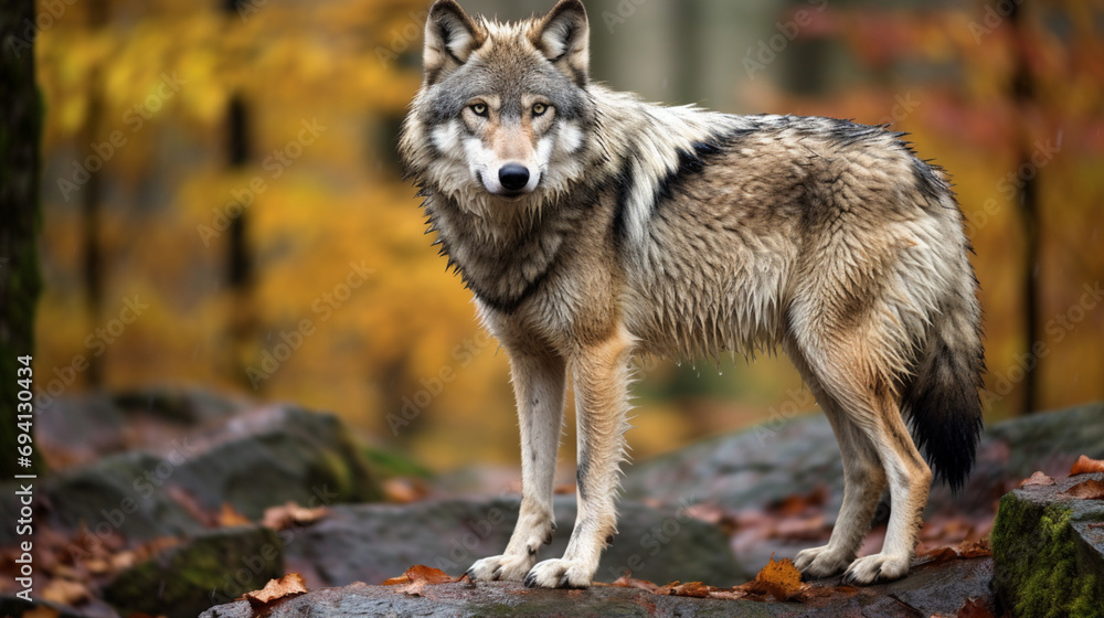 A lone Timber wolf or Grey Wolf (Canis lupus) standing on a rocky cliff looking back. generative ai