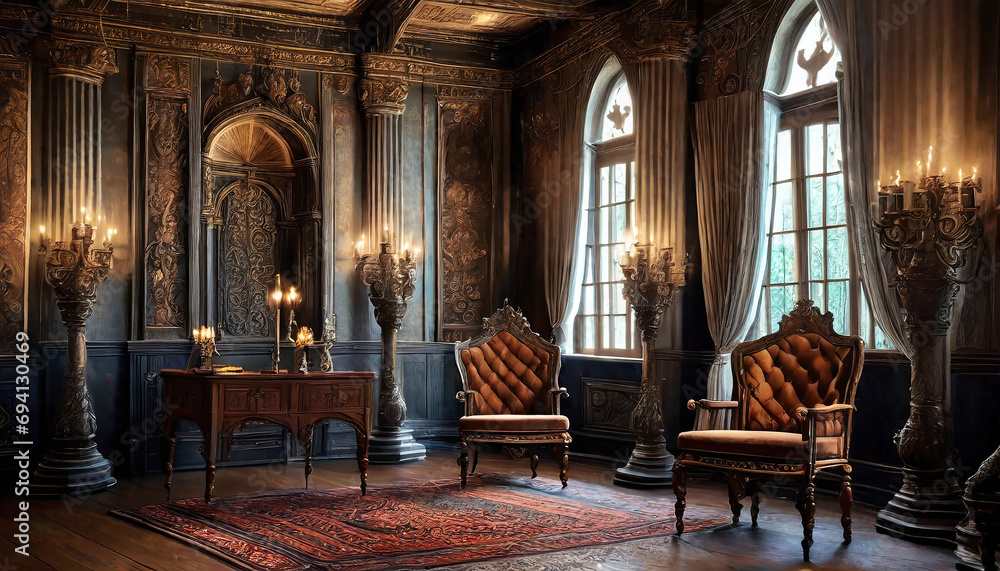Gothic revival room. Dark wood, intricate details. Rich textiles