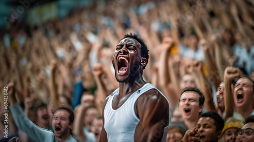 A basketball player is rejoicing at his success in scoring a goal in a crowded stadium