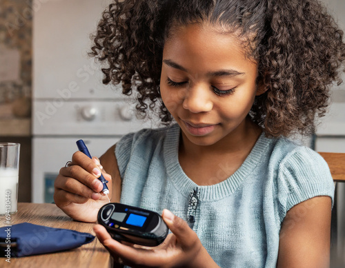 Girl with diabetes checks her blood sugar level on an insulin pump, wearing a CGM sensor © Adam
