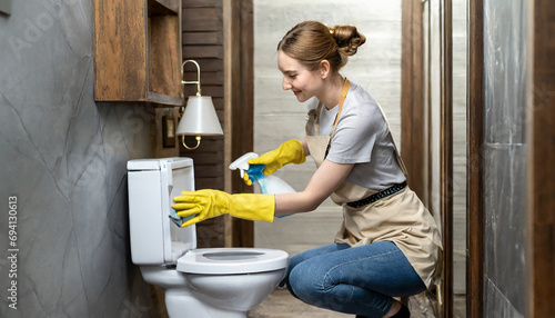 Housework or house keeping service female cleaning dust in toilet, cleaning agency small business. professional equipment cleaning old home. photo