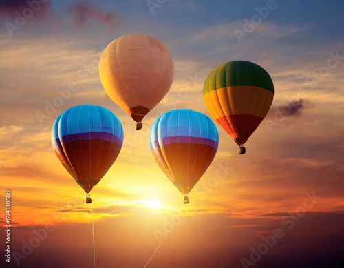 Three balloons in the sunset sky background.