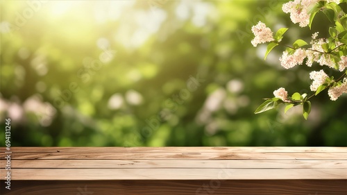 Nature's Canvas Embracing Spring and Summer with an Empty Wood Tabletop and Bokeh Green Background