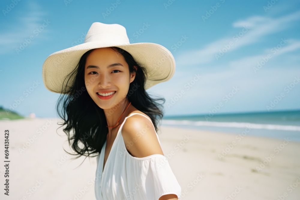 portrait headshot of a young asian/korean/japanese woman with long dark hair traveling in nature vacation lake summer blue sky portra magazine editorial film look portrait headshot of a young asian/korean/japanese woman with long dark hair traveling in nature vacation lake summer blue sky portra magazine editorial film look