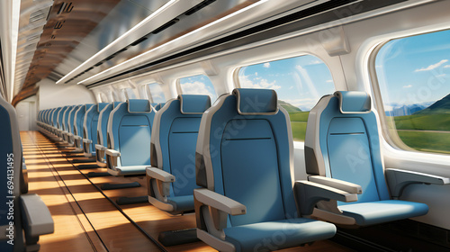 Business Class Interior with Comfortable Wide Seats In a High Speed Passenger Train
