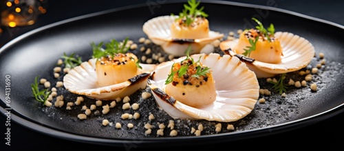 Delicious scallops with caviar on blue plate in modern restaurant, viewed from above.