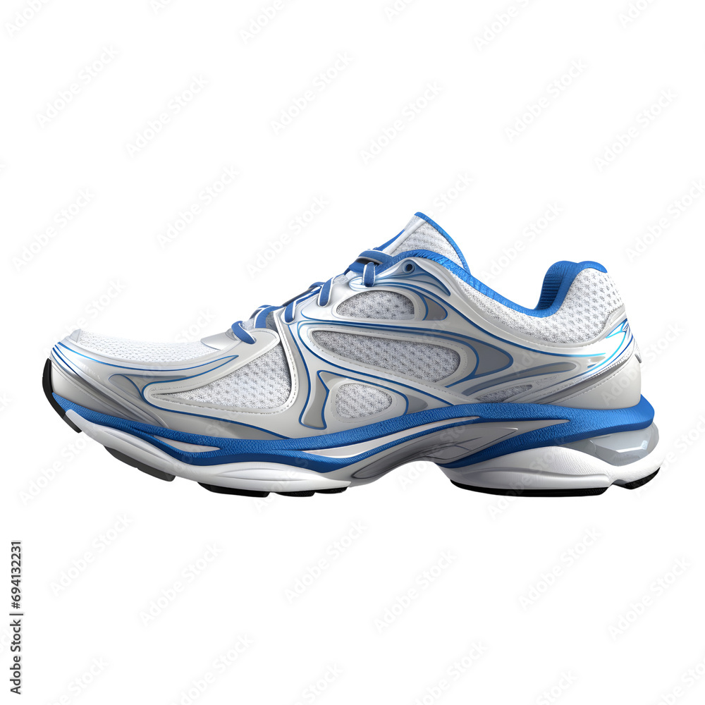 Ready for the Run: Sleek white and blue running shoe set isolated on transparent background, cut out, png, showcasing its modern design and athletic appeal. Ready for the Run: Sleek white and blue running shoe set isolated on transparent background, cut out, png, showcasing its modern design and athletic appeal.