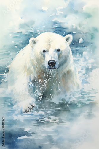 watercolor style illustration of a polar bear in water struggling because of the climate change in the arctic © Nils W.