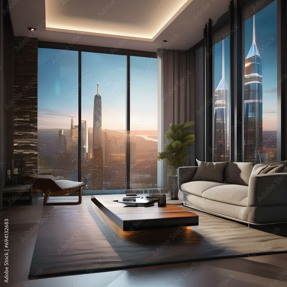 Fototapeta premium A living room with walls made of smart glass displaying ever-changing futuristic cityscapes3