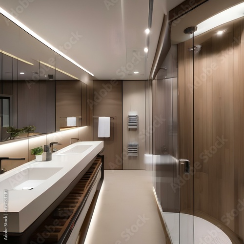 A bathroom equipped with self-sanitizing, adaptive surfaces and personalized hydrotherapy pods1