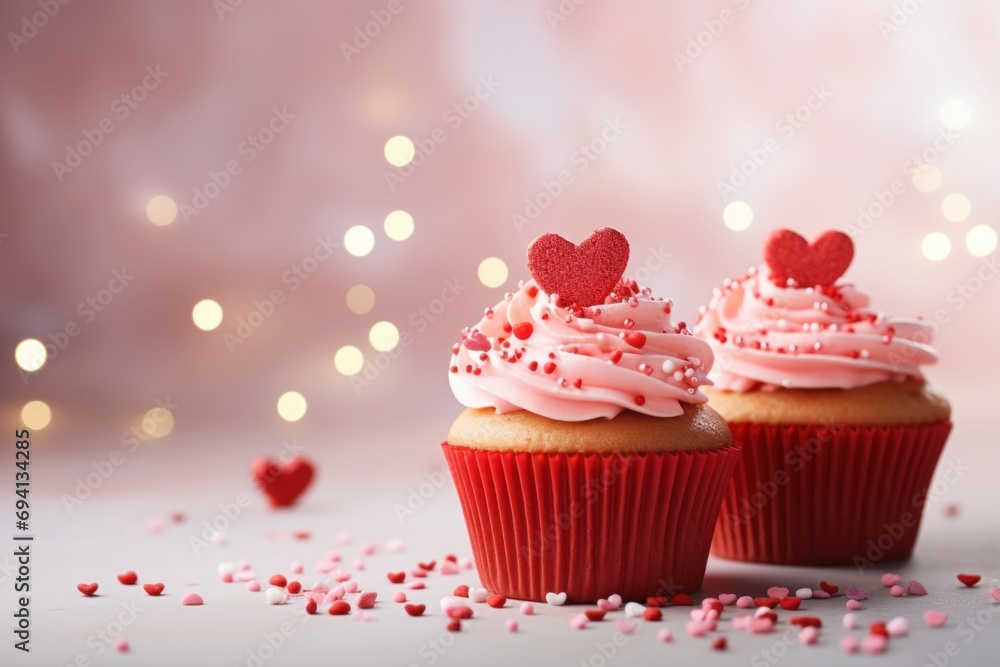 Valentines Day two cupcakes decorated whipped cream, sprinkles and red hearts isolated on pink bokeh background. Copy space. Greeting card.