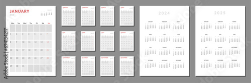 Set of 2024 Calendar Planner Template with Place for Photo,Company Logo and annual calendar on 2024-2025. Vector layout of a wall or desk simple calendar with week start Monday for print