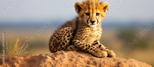 Cheetah cub on rock in Serengeti, Tanzania, Africa.