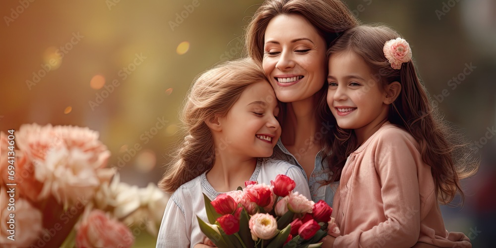 Mother's Day. Mother hugging her two daughters next to a bouquet of flowers Mother's Day. Mother hugging her two daughters next to a bouquet of flowers