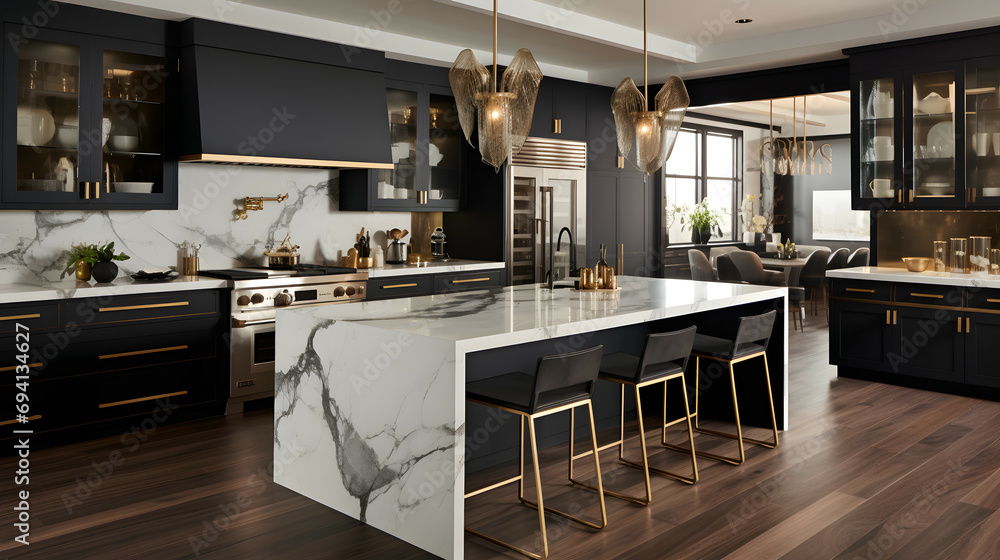 A contemporary kitchen featuring stylish black and white cabinets, golden fixtures, and marble tile