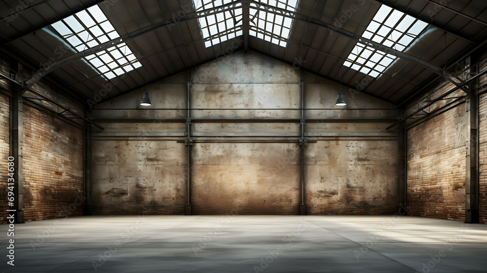 Industrial empty old warehouse interior, concrete floor and black steel roof structure