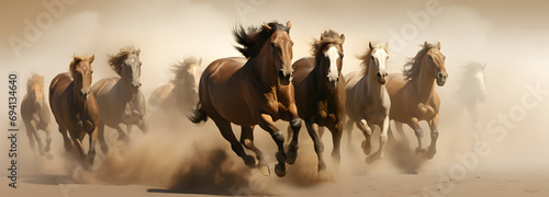 Fotografia A herd of Arabian horses running beyond a sand storm
