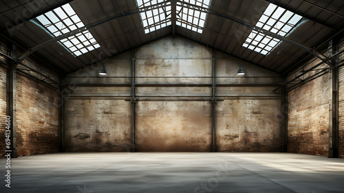 Industrial empty old warehouse interior  concrete floor and black steel roof structure