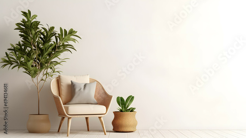 Living room with an empty beige wall with wicker rattan armchair and vase and a large green plant, copy space photo