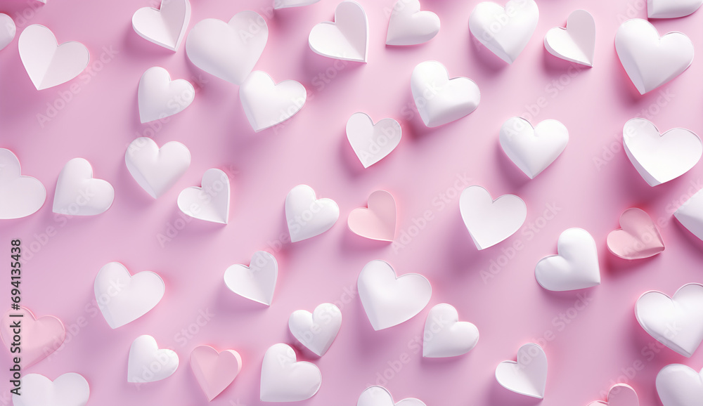 White paper hearts on pink background