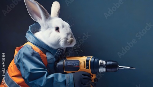 Weißer Hase / Kaninchen als Handwerker in Arbeitsbekleidung und mit Bohrmaschine in der Hand, vor dunkelblauer Wand. Fotorealistische Illustration
