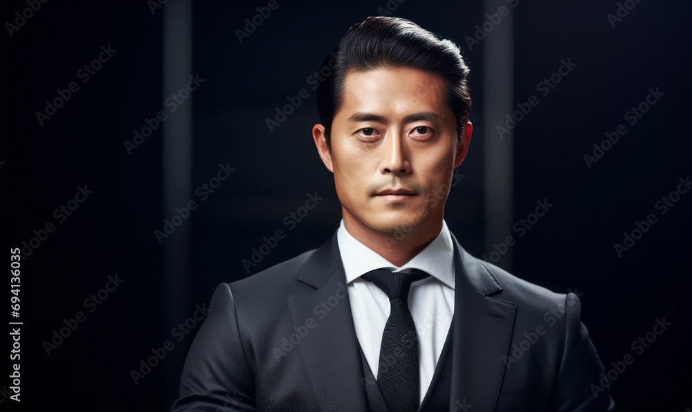 Confident Asian businessman in a sharp suit with a serious expression standing against a dark grey background, portraying professionalism and determination Confident Asian businessman in a sharp suit with a serious expression standing against a dark grey background, portraying professionalism and determination