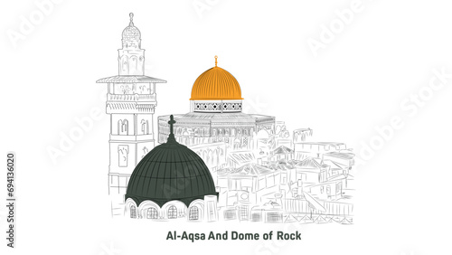 l Aqsa Mosque and Dome of Rock with transparent background in Sketch Style Illustration
