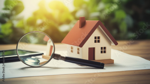 House model and magnifying glass with a checklist for home inspection
