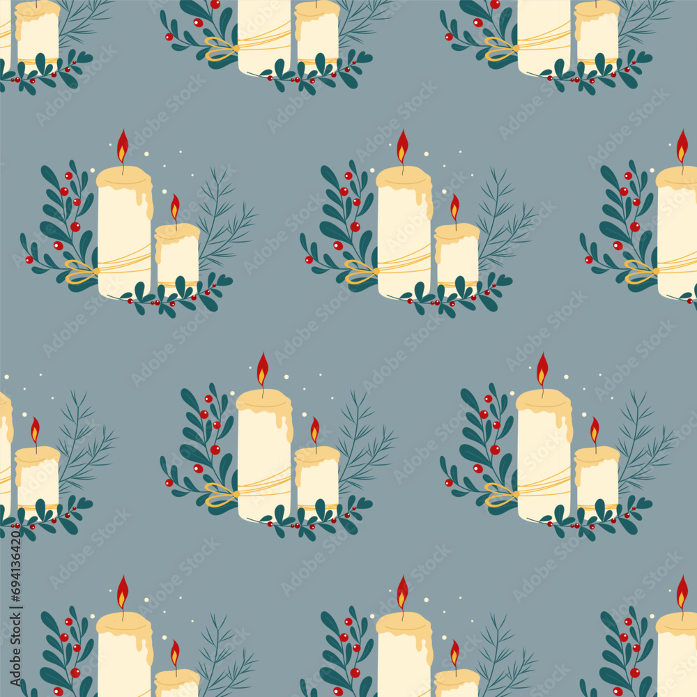 Elegant seamless pattern with warm composition of two candles and winter plants. Elegant seamless pattern with warm composition of two candles and winter plants.