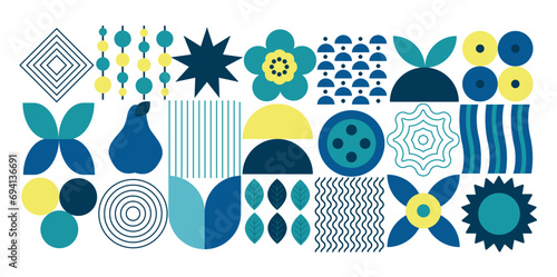 Bauhaus. Geometric pattern of flowers, fruits, leaves. Abstract mosaic natural elements, organic fruit plants, minimal layout banners. Vector background