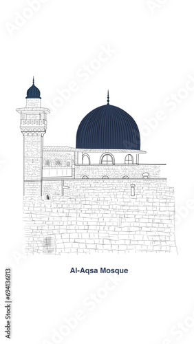 Side View of Al Aqsa Mosque with Dark Blue, Sketch Style Illustration with transparent background