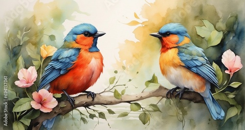 Beside a babbling brook, a pair of songbirds, one with vibrant plumage and the other more subdued, discuss Generative AI