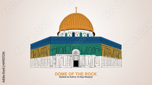 Front View of Dome Of Rock, Half Colored, Qubbat Al Sukhra in Masjid Al Aqsa