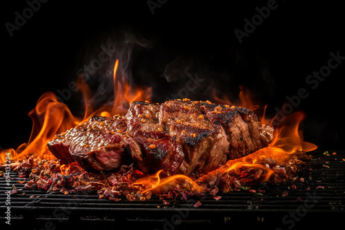 Sizzling Yummy Beef Grill Steak on Dark Black Table with Fire and Smoke, Food Photograph, Food Styling Created with Generative AI Tools