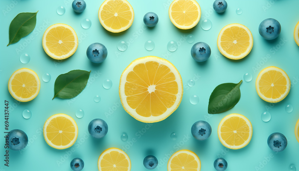 lemons and blueberries put together on a light turquoise background lemons and blueberries put together on a light turquoise background
