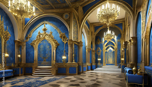 Photorealistic interior of a castle or palace decorated with blue ornamental stone and gold