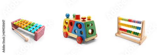 cutout set of 3 colorful classic toddler or baby toys of car wheels, xylophone, abacus and geometric cubes for early learning, isolated on transparent png background