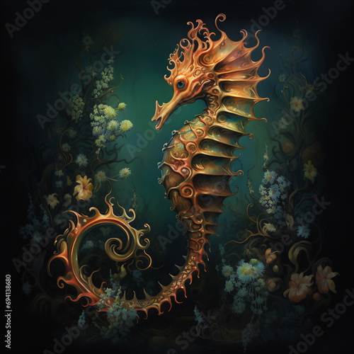 Seahorse Enchantment: Dutch Golden Age-Inspired Oil Painting Illustration