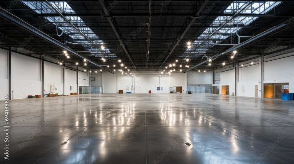 Expansive Minimalist Warehouse, Reflective Floor - AI Generated